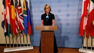 كيلي كرافت، المندوبة الأميركية في مجلس الأمن الدولي في مؤتمر صحافي في نيويورك 