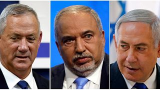 Blue and White party leader Benny Gantz, Yisrael Beitenu party leader Avigdor Lieberman and Israeli Prime Minister Benjamin Netanyahu