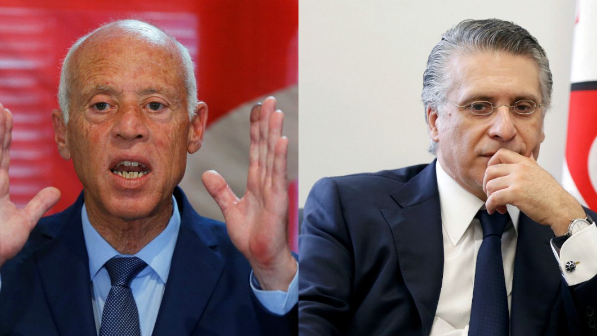 Tunus cumhurbaşkanlığı seçiminde adaylardan Kays Said (sol) ve Nebil el-Karvi (sağ) ikinci tura kaldı