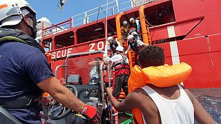 Rescued migrants and Ocean Viking staff members pictured  between August 9 and 12, 2019.