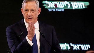 Benny Gantz, a former Israeli armed forces chief and head of Israel Resilience party, delivers his first political speech at the party campaign launch in Tel Aviv.