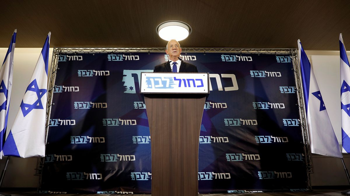 Benny Gantz, leader of Blue and White, delivers a statement before his party faction meeting in Tel Aviv, Israel September 19, 2019. 