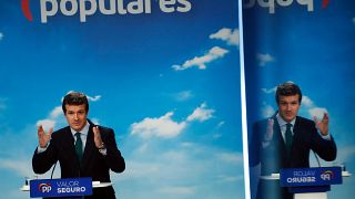 Pablo Casado en una conferencia de prensa dos días después de las elecciones generales de España en Madrid