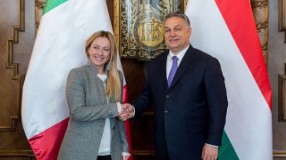 Orbán Viktor miniszterelnök fogadja Giorgia Melonit, az Olaszország Fívérei párt elnökét az Országházban 2018. február 28-án