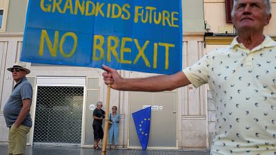 A man holds a banner as British residents in Spain take part in an anti-Brexit demonstration, in Malaga, Spain September 22, 2019. 