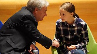 Secretary-General of the United Nations Antonio Guterres shakes hands with Swedish environmental activist Greta Thunberg, ew York, U.S., September 21, 2019 