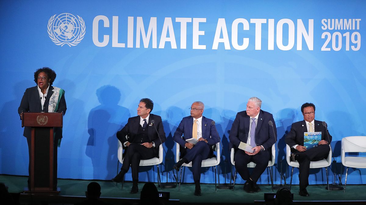 رئيسة وزراء بربادوس ميا موتلي خلال قمة الأمم المتحدة للعمل المناخي لعام 2019 في مقر الأمم المتحدة في نيويورك 