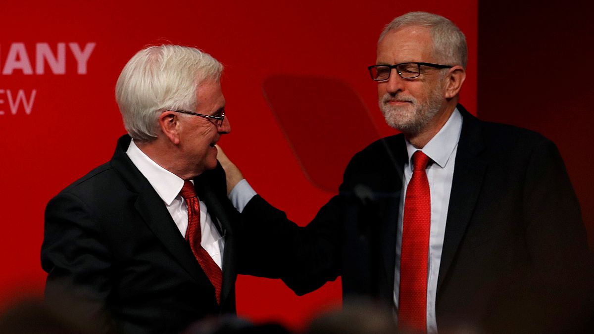 British Labour MP John McDonnell greets party leader Jeremy Corbyn on stage during the Labour party annual conference in Brighton, Britain September 23, 2019. 