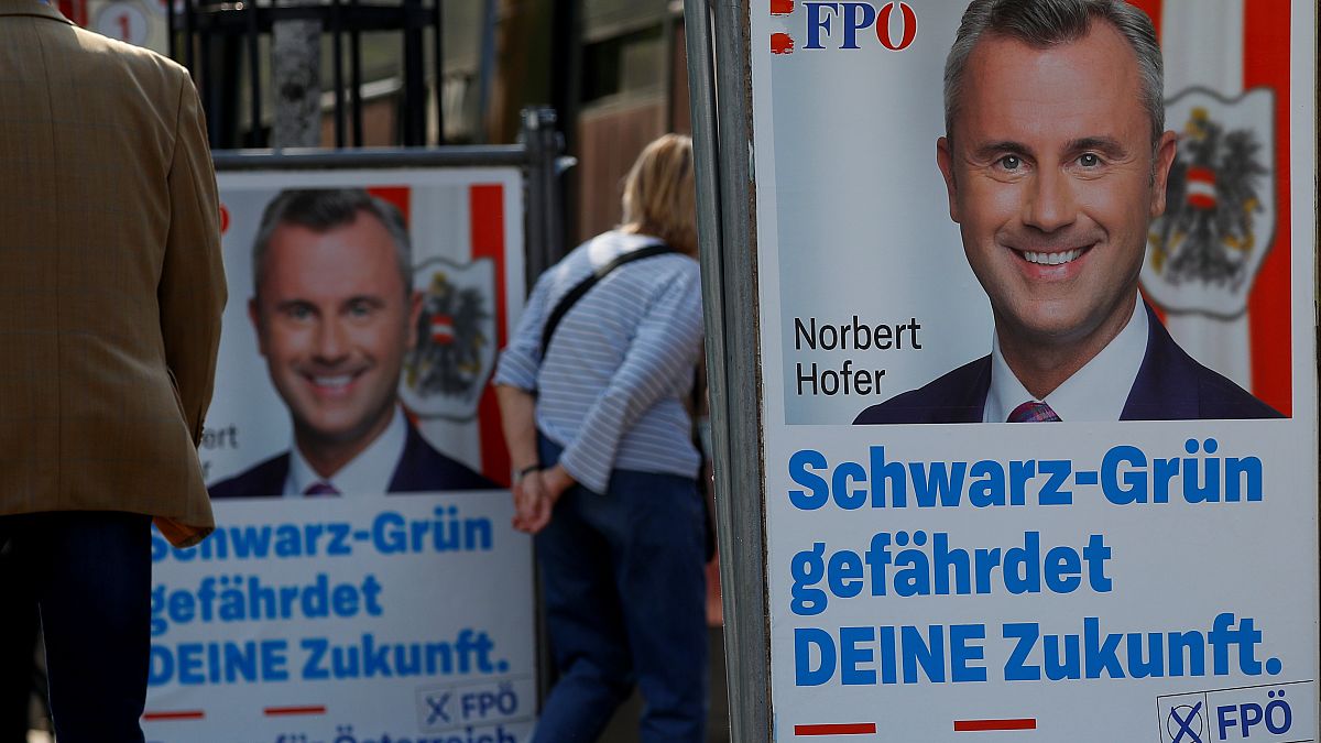 Persons pass election campaign posters of the head of Austria's Freedom Party (FPO) Norbert Hofer in Vienna, Austria September 23, 2019. 