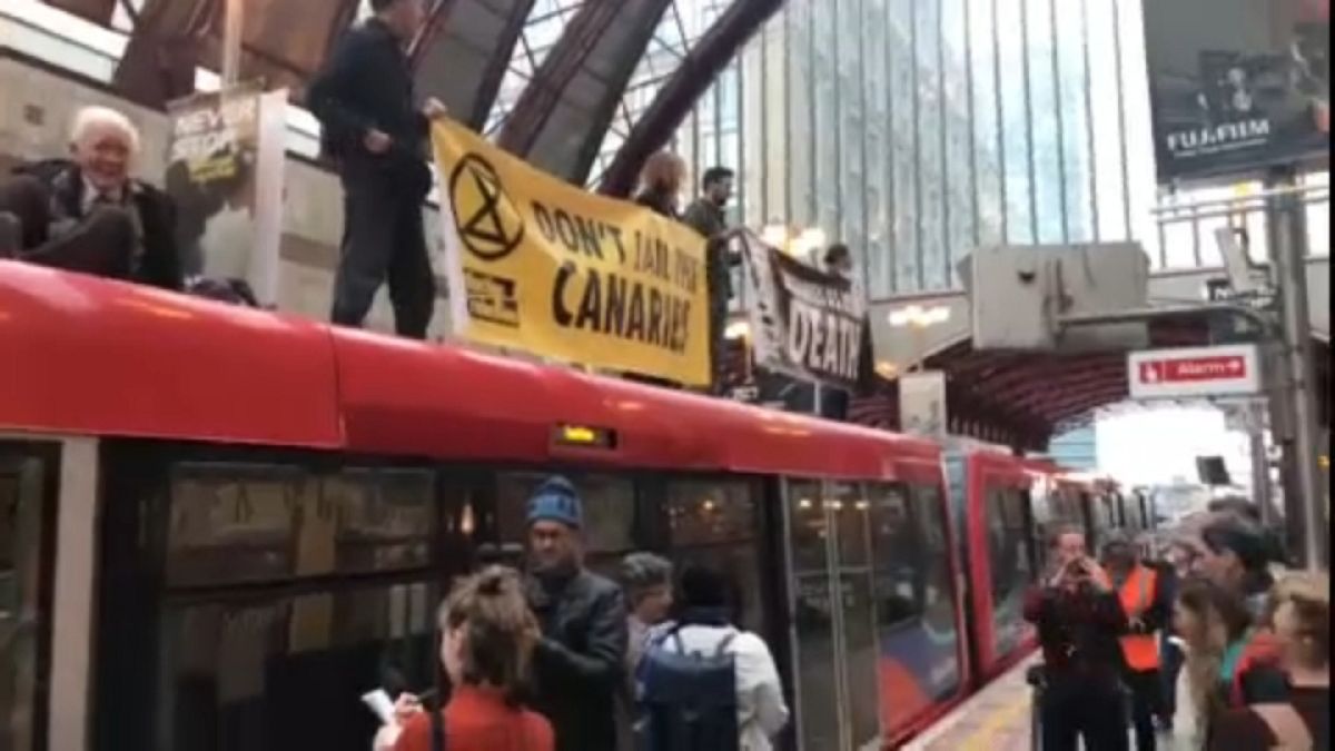 Extinction Rebellion activists protest on top of train at Canary Wharf