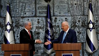 Israeli President Reuven Rivlin and Prime Minister Benjamin Netanyahu attend a nomination ceremony at the President's residency in Jerusalem September 25, 2019.