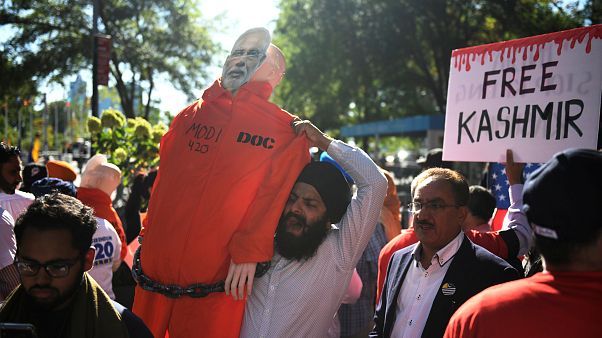 Demonstrators hold 'Stand with Kashmir' protest outside UN building in New York Demonstrators hold 'Stand with Kashmir' protest outside UN building in New York