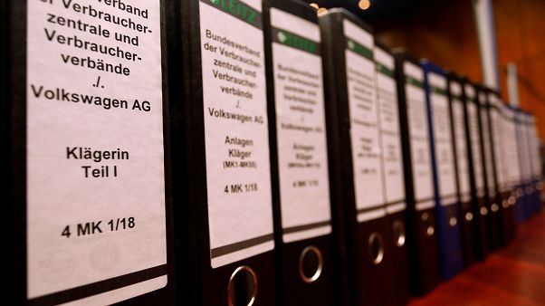 Folders pictured before the start of a hearing in a class action suit filed by over 400,000 of diesel automobile owners against VW in Brunswick, September 30, 2019 Folders pictured before the start of a hearing in a class action suit filed by over 400,000 of diesel automobile owners against VW in Brunswick, September 30, 2019