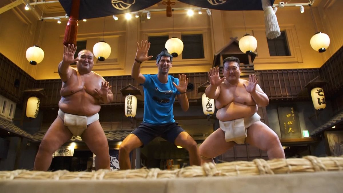 Novak Djokovic tries sumo wrestling ahead of the Japan Open