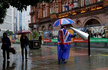 A Brexit protester outside the Conservative Party conference in Manchester, England 