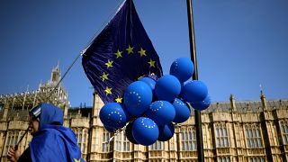 Anti-Brexit protesters are seen outside the Houses of Parliament in London, Britain April 10, 2019.