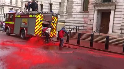 Climate change activists spray red paint at Britain's Treasury