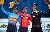 Il podio del Gran Premio Beghelli: Valverde (secondo), Colbrelli (primo), Hag (terzo)