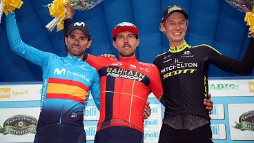 Il podio del Gran Premio Beghelli: Valverde (secondo), Colbrelli (primo), Hag (terzo)
