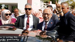 رئيس حزب النهضة راشد الغنوشي يوم الانتخابات التشريعية في 2019/10/06 في تونس.