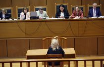 Η Ελένη Ζαρούλια σύζυγος του αρχηγού της Χρυσής Αυγής Νίκου Μιχαλολιάκου απολογείται κατά τη διάρκεια της Δίκης της Χρυσής Αυγής