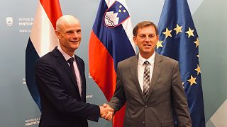 Hollanda Dışişleri Bakanı Blok (solda), Slovenya Dışişleri Bakanı Cerar ile