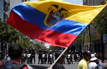 Demonstrators wave the national flag while facing riot police during protests against Ecuador's President Lenin Moreno's austerity measures