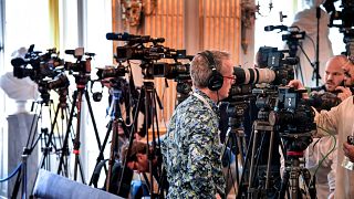 Journalists prepare themselves for the announcement of the winners of the Nobel Prize in Literature 2019, in Stockholm