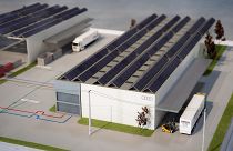 Az Audi Hungaria Motor Kft. 10 milliárd forintból felépített második logisztikai csarnokának makettje az átadóünnepség napján Győrben 2015. szeptember 8-án.