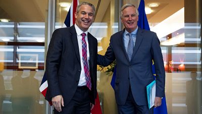 Britain's Brexit Secretary Stephen Barclay and EU's chief Brexit negotiator Michel Barnier in Brussels, Belgium, October 11, 2019