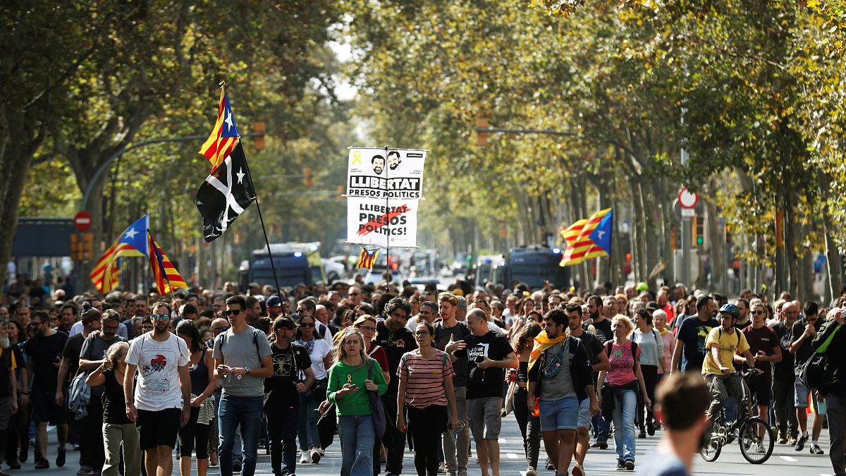 Supporters of Catalonia's independence protest against upcoming ruling of the Spanish Supreme Court against the independence movement's leaders, in Barcelona, Oct 13, 2019.