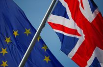 European Union and British flags in Berlin, Germany, April 9, 2019.