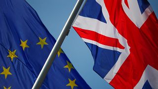 European Union and British flags in Berlin, Germany, April 9, 2019.