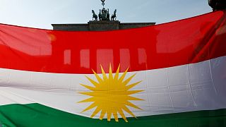 Protesters hold a Kurdish flag during a rally against the Turkish military operation in Syria, in Berlin, Germany, October 14, 2019
