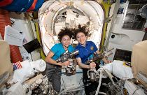 NASA astronauts Jessica Meir (left) and Christina Koch in the ISS on October 15, 2019.