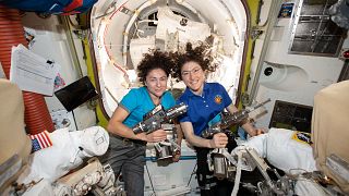 NASA astronauts Jessica Meir (left) and Christina Koch in the ISS on October 15, 2019.