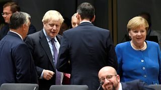 EU leaders including Boris Johnson and Angela Merkel attend a summit in Brussels on October 17, 2019.