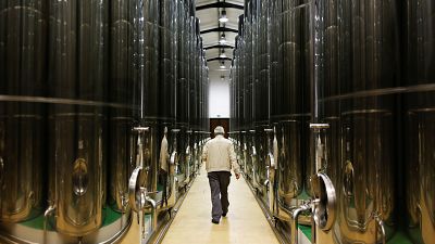 Un hombre camina en una bodega de una cooperativa de aceite de oliva en Porcuna, en el sur de España.