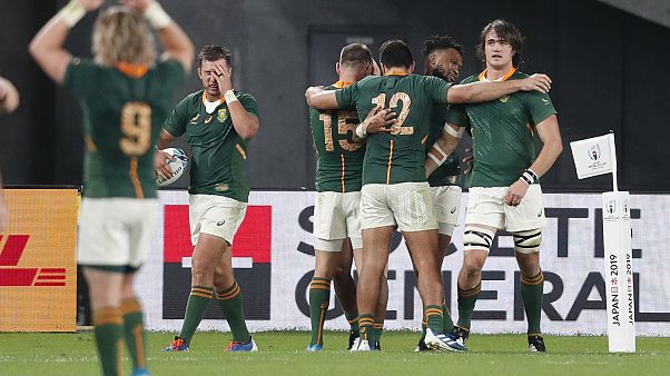South Africa's Makazole Mapimpi celebrates with team mates scoring their third try South Africa's Makazole Mapimpi celebrates with team mates scoring their third try