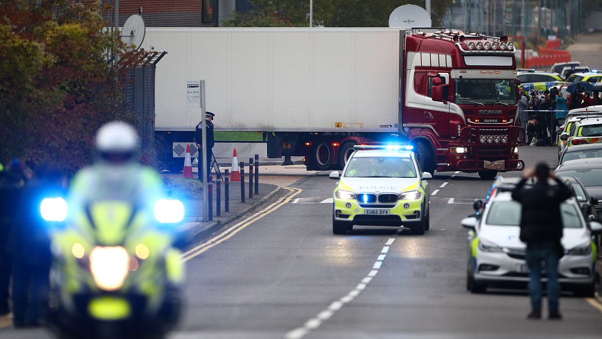 The truck in which 39 migrants were found dead near London. A week later, a dozen migrants were found alive in a truck in Belgium.