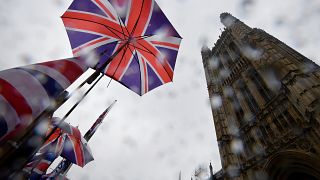 Union Jack flags are seen outside the Houses of Parliament in London, Britain, October 24, 2019.