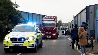 The scene where bodies were discovered in a lorry container, in Grays, Essex