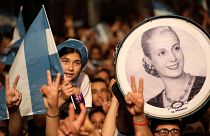Supporters of Peronist candidate Alberto Fernandez celebrate his victory in Argentina 