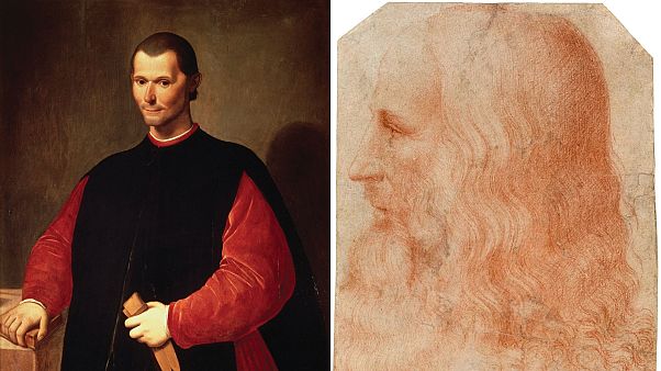 Machiavelli'nin Santi di Tito tarafından yapıldığı bilinen eski portresi (solda) ve Leonardo da Vinci (sağda) Machiavelli'nin Santi di Tito tarafından yapıldığı bilinen eski portresi (solda) ve Leonardo da Vinci (sağda)