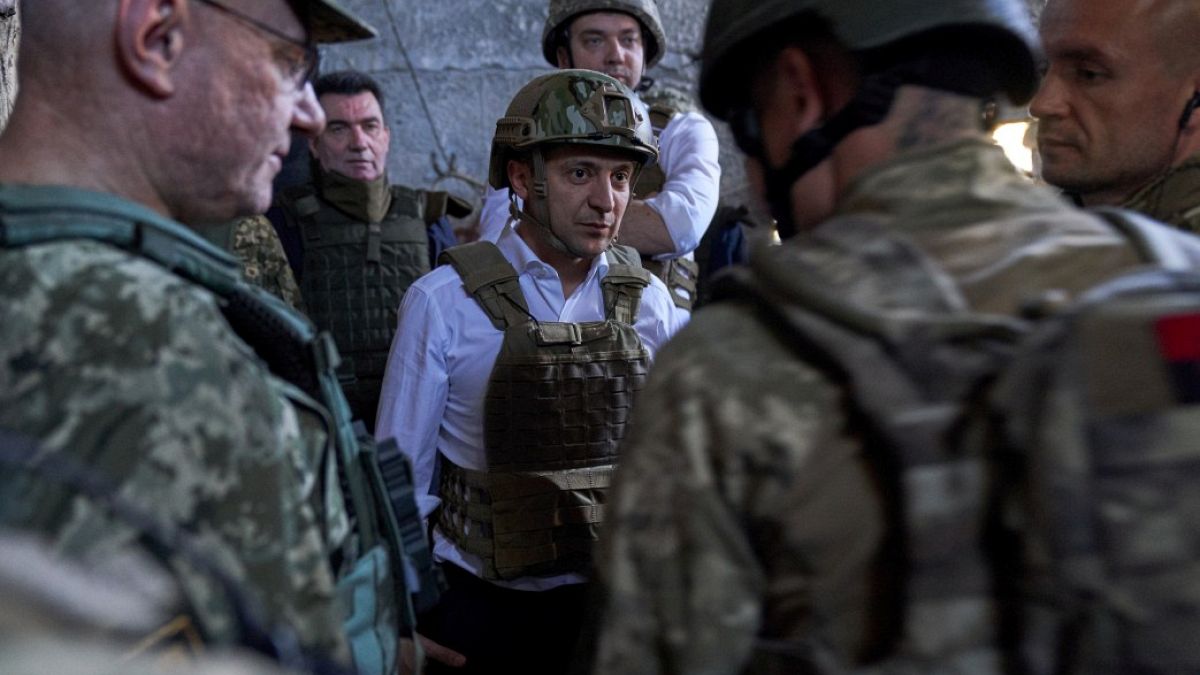 President Zelenskyi visits Ukranian troops on the frontline in east Ukraine