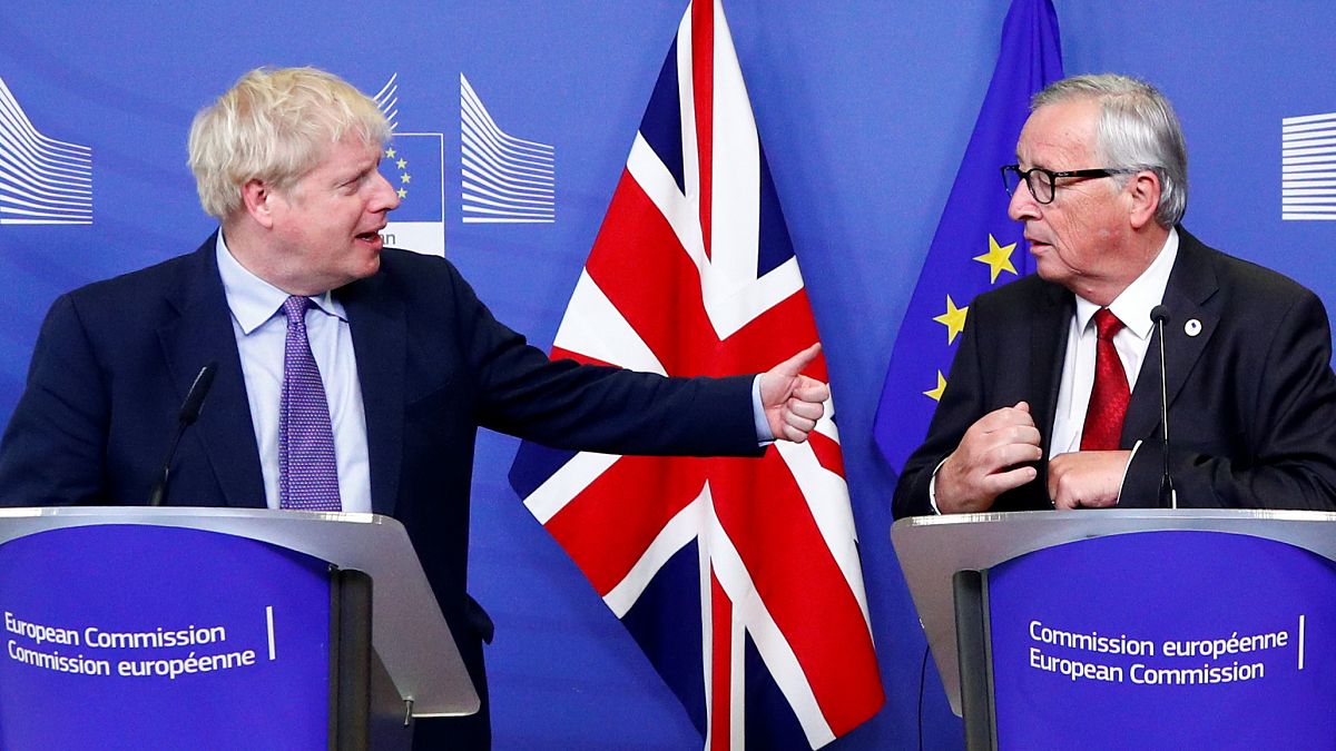 UK Prime Minister Boris Johnson and European Commission President Jean-Claude Juncker at the European Council summit, Brussels, October 17, 2019.