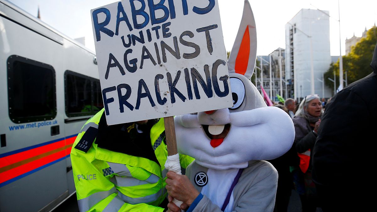 A police officer moves a protester outside the Houses of Parliament during a demonstration against fracking, in London, Britain, October 31, 2018