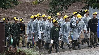 Rescuers near Thai cave complex in July 2018.