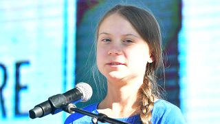 Teenage Swedish activist Greta Thunberg addresses the crowd while attending a climate action rally in Los Angeles, California on November 01, 2019.