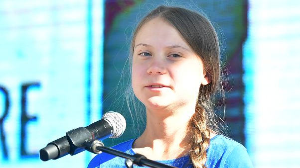 Teenage Swedish activist Greta Thunberg addresses the crowd while attending a climate action rally in Los Angeles, California on November 01, 2019. Teenage Swedish activist Greta Thunberg addresses the crowd while attending a climate action rally in Los Angeles, California on November 01, 2019.